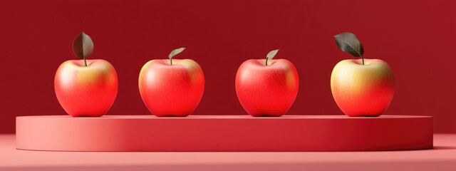 Poster - Apples displayed on a podium with a red backdrop 3D illustration