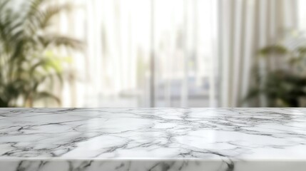 Poster - White marble table top with a blurred abstract interior background suitable for displaying or showcasing products