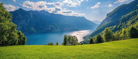 Idyllic summer landscape with mountain lake and Alps