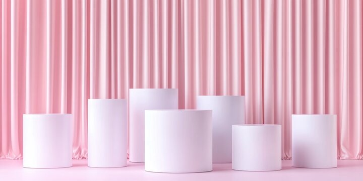 White cylinder boxes arranged against a pink curtain backdrop for product showcasing 3D rendering Luxurious setting