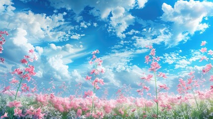 Aufkleber - Beautiful pink flowers on flower field with blue sky