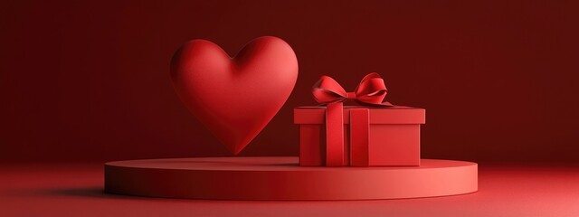 Wall Mural - Minimalistic podium display featuring a red heart and a gift box adorned with a ribbon bow set against a red backdrop 3D render