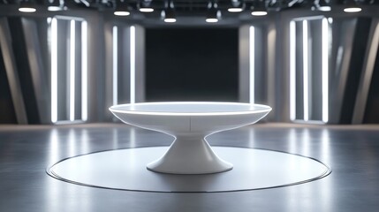 Poster - White table on a stand with a LED screen backdrop in a news studio 3D rendering