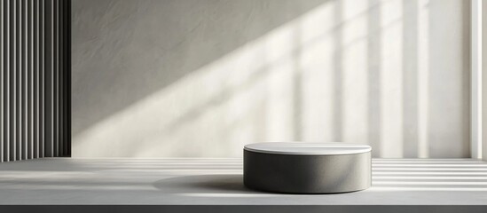 Poster - Minimalistic 3D gray and white cylindrical podium with an abstract geometric shape in a studio setting