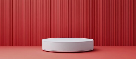 Poster - Empty white podium against a red backdrop Mockup display for product showcase 3D rendering Minimalist design Advertising template
