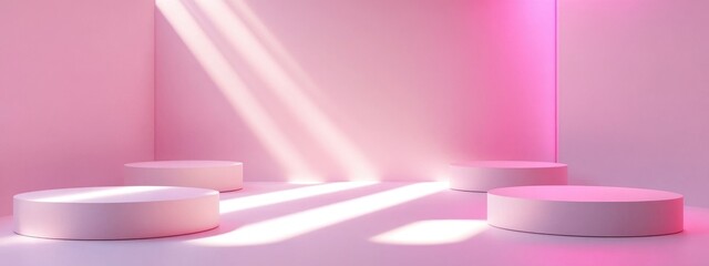 Poster - Empty 3D rendered studio featuring white geometric podium on the floor Abstract platforms for product display with a soft pink pastel background