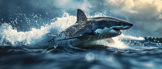 Wall Mural - Close up Black shark jumping to mid air over sea