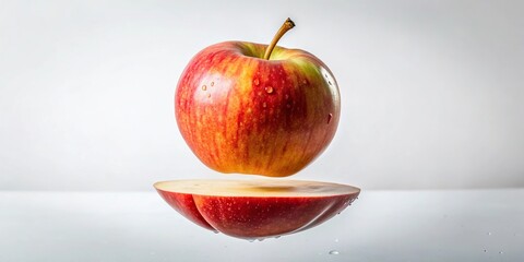 Wall Mural - Sliced apple floating on white background in artistic way, copy space