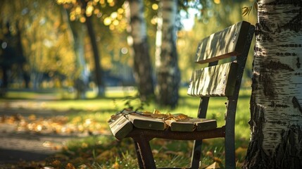 Poster - View of Birch Tree from Exercise Bench at Outdoor Gym Sharp Birch Blurred Bench A captivating view of a birch tree from an exercise bench at an outdoor gym with the birch tree sharply focused and