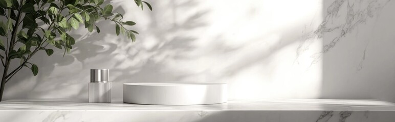 Poster - White roman podium for cosmetic product against a white granite background 3D rendering
