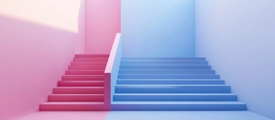 Poster - Pastel colored pink and blue stairs Minimalistic scene ideal for product showcasing 3D rendering