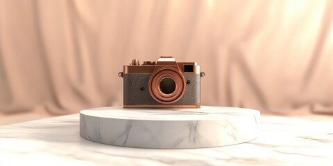 Poster - Bronze photo camera symbol displayed on a white marble podium Icon for use in websites social media presentations and design templates 3D rendering