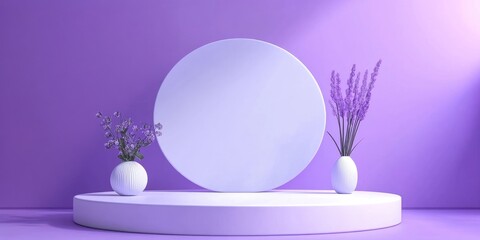 Poster - Geometric shapes on a white podium with a purple backdrop in a simple 3D render illustration