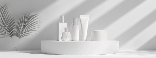 Poster - Modern white backdrop with a white podium displaying geometric cosmetic products 3D rendering