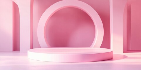 Poster - Minimalist design in 3D with a pink color palette featuring a podium mockup for presentation against an abstract backdrop
