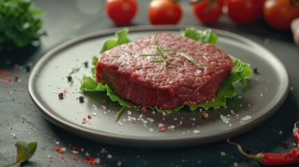Poster - Barbecue dry aged wagyu entrecote beef steak with lettuce and tomatoes as closeup on a modern design plate