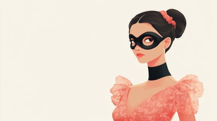 Wall Mural - 2D cartoon illustration of a girl in a black mask and salmon pink dress set against a white backdrop