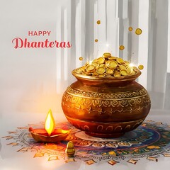 Happy dhanteras celebration with gold kalash and oil lamp diya diwali background