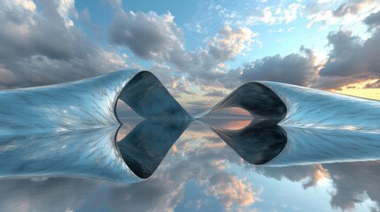 A stunning visualization of two intertwining waves reflecting a picturesque sky and tranquil horizon.