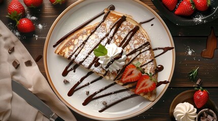 Poster - French Chocolate crepes or pancakes with whipped cream and strawberries on a plate Delicious healthy breakfast Top view