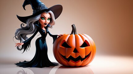 Wall Mural - Halloween themed cartoon background featuring a pumpkin and a witch