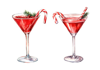 red christmas martini with candy cane, watercolor clipart illustration with isolated background.