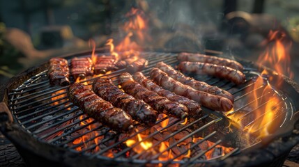 Poster - large metal grill of the outdoor barbecue and sausages and pork ribs cooked over the glowing embers