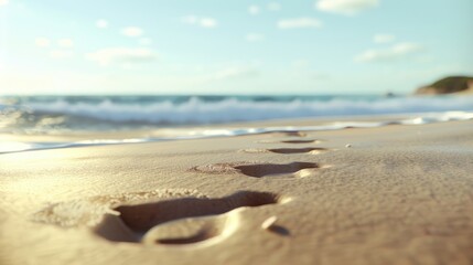 Footprints in golden sand leading to a blurred beach backdrop with gentle ocean waves and a distant beach bag evoking tranquility and the essence of a peaceful seaside escape