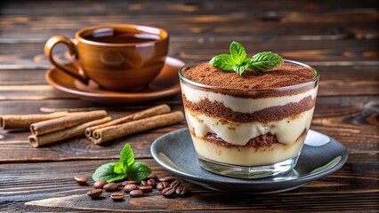 Wall Mural - Tiramisu dessert with coffee cup reflected on dark wooden table