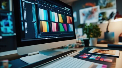 Designers workspace with computer monitor and color swatches on graphic tablet screen