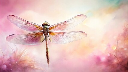 Wall Mural - Watercolor dragonfly painting on pastel pink and white background with forced perspective