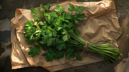 Poster - Bunch of flat leaf parsley on brown paper and wood