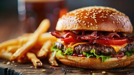 Freshly made bacon cheeseburger with juicy tomato lettuce and melted cheese with french fries and garlic mayo on the side Food porn smash burger