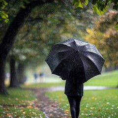 Wall Mural - A person walks through a park on a rainy day, holding a black umbrella.