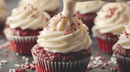 Leinwandbilder - Flat lay Piping white chocolate ganache frosting on top of red velvet cupcakes and topping with sprinkles