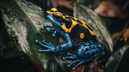 A frog with blue and yellow spots sits on a leaf