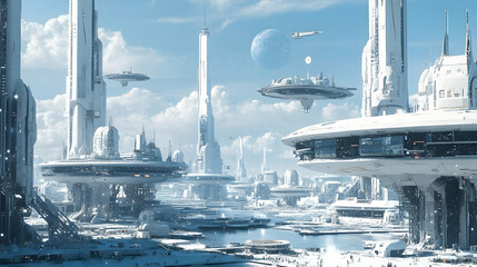 Wall Mural - Futuristic Cityscape with Flying Vehicles and Tall Buildings