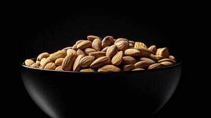 Poster - Golden nuts gleam in a black bowl, their warm hues enhanced by soft lighting and elegant shadows.