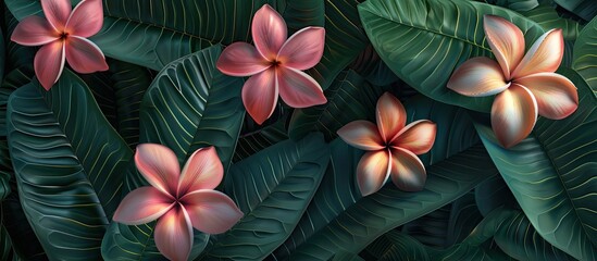 Wall Mural - Pink plumeria flowers blooming against a backdrop of lush green leaves in a captivating copy space image