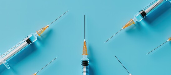 Aufkleber - Aerial view of syringes with needles on a blue background emphasizing copy space image Depicting the concept of injection treatment