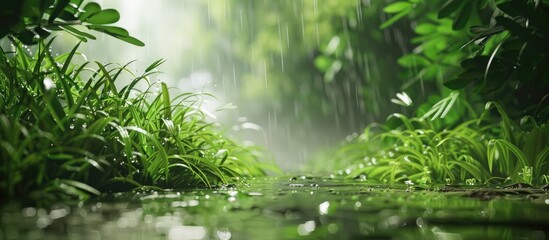 Aufkleber - After a rainy day rainwater can be seen on the grass leaves in the copy space image