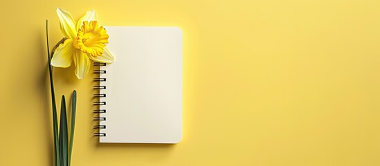 Sticker - Spring narcissus on a light yellow background with a blank notebook featuring a daffodil flower on it forming an Easter related design with a spacious area for text or a copy space image