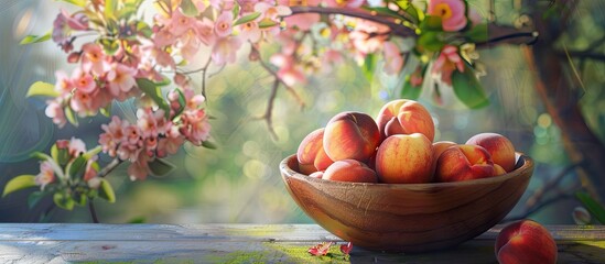 Aufkleber - Outdoors on a wooden table a wooden bowl displays ripe nectarines against a backdrop of a terrace flower tree and ample copy space image