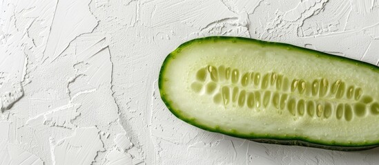 Poster - A cucumber slice Cucumis Sativus displayed horizontally on a white cement background with an isolated look offering ample copy space image
