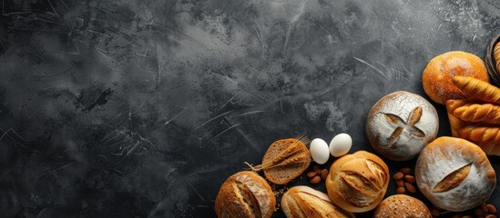 Poster - Top view of assorted bread types creating a food concept with free space for text in the copy space image