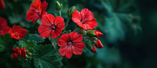 Aufkleber - Vibrant red geranium or cranesbill flowers blooming in the garden adding a splash of color to the surroundings perfect for a copy space image