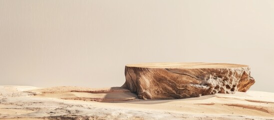 minimal abstract concept with a podium made of tree wood and stone on a realistic sandy beach backgr