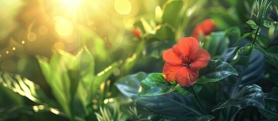 Aufkleber - Close up of a small red flower in sunlight with a copy space image set against a backdrop of lush green plants for an eco friendly wallpaper design