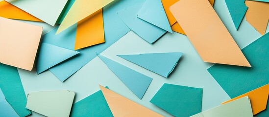 Leinwandbilder - Macro shot of vintage mint cardboard with geometric shapes and gradients on a white light cyan and yellow shaded paper background creating a felt backdrop with copy space image