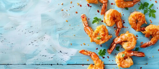 Poster - Top view of delectable fried breaded shrimps on a light blue wooden table with available copy space image